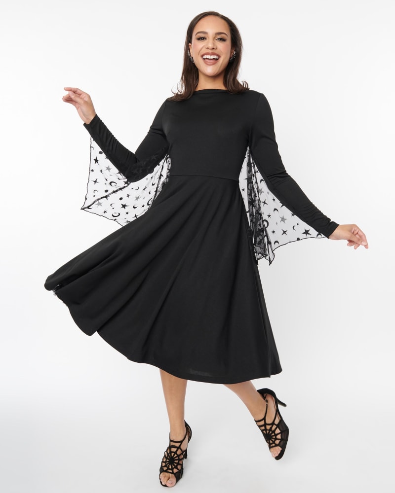 Front of a model wearing a size 5X Unique Vintage Black & Mesh Bat Fit & Flare Dress in Black by Unique Vintage. | dia_product_style_image_id:300896